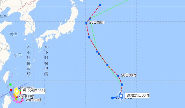 第9号苏拉和10号达维双台风最新路径图 一个向台湾东部沿海靠近一个已生成