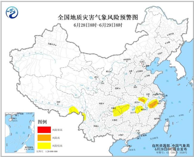 6月28日发布地质灾害预警：浙江安徽江西湖北等地部分地区地质灾害风险高