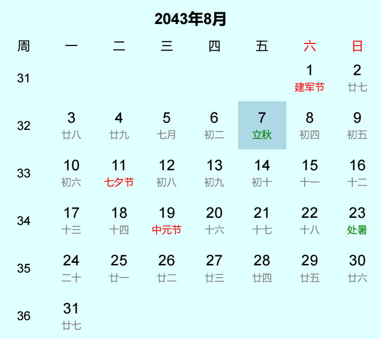 2043年立秋是几月几日