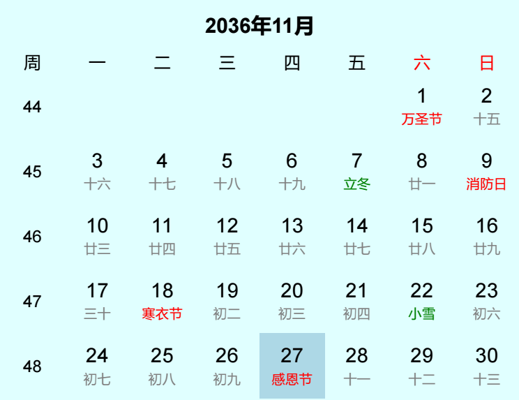 2036年感恩节是几月几日
