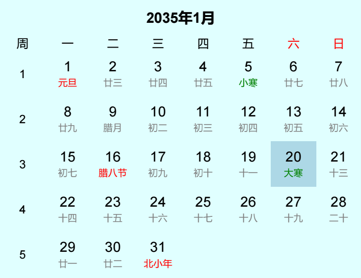 2035年大寒是几月几日