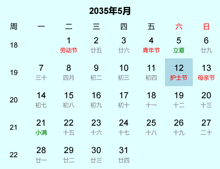 2035年护士节是几月几日
