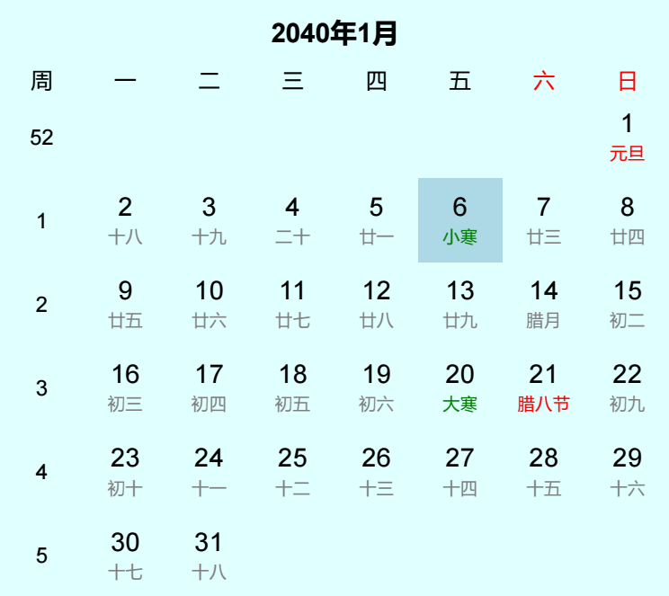 2040年小寒是几月几日