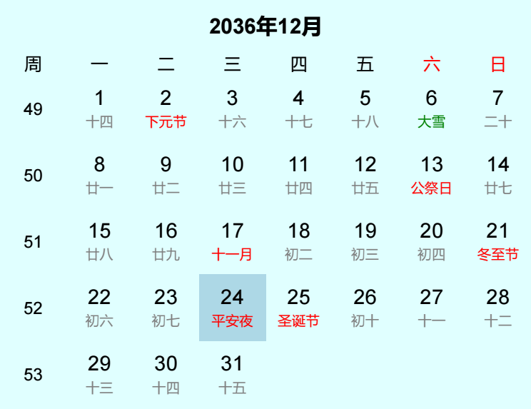 2036年平安夜是几月几日