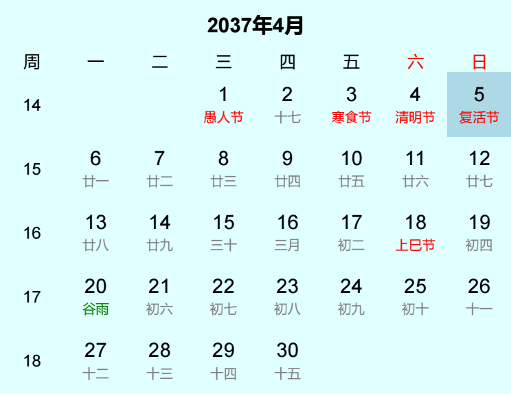 2037年复活节是几月几日