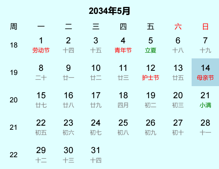 2034年母亲节是几月几日