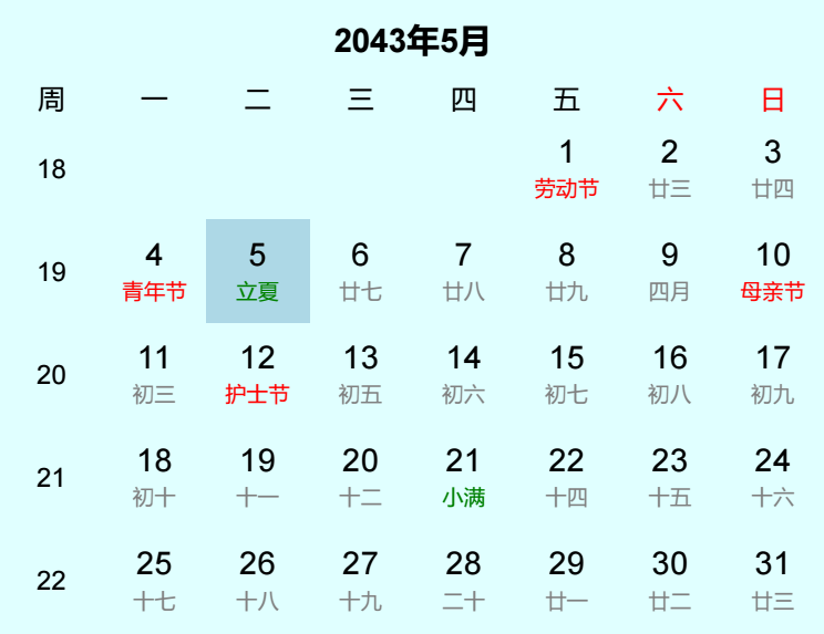 2043年立夏是几月几日