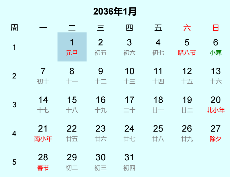 2036年元旦是几月几日