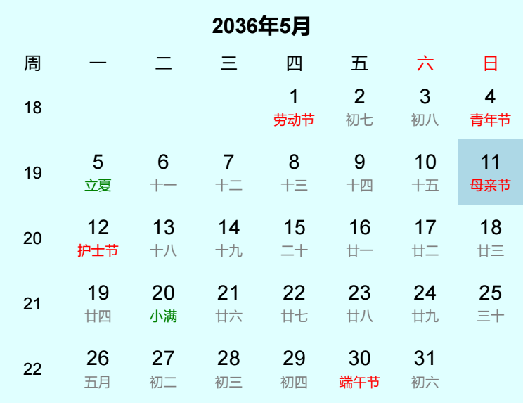 2036年母亲节是几月几日
