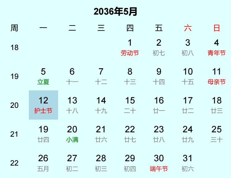 2036年护士节是几月几日