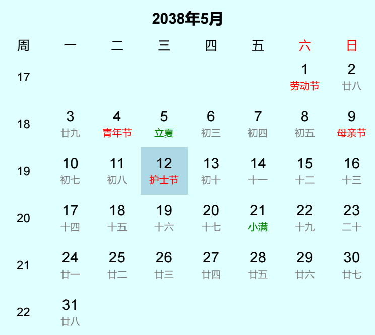 2038年护士节是几月几日