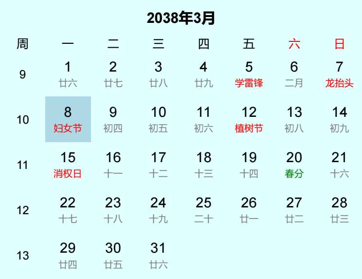 2038年妇女节是几月几日