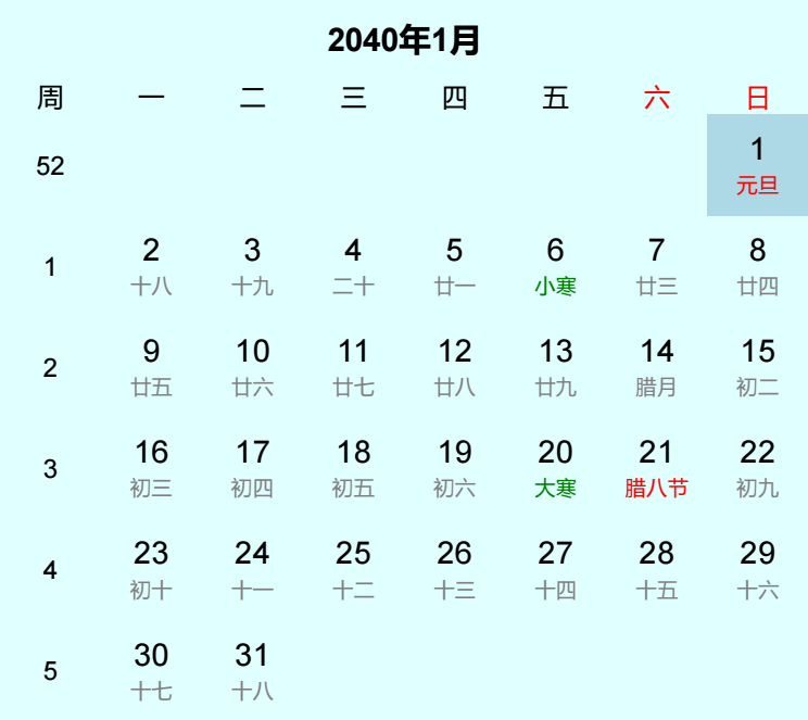 2040年元旦是几月几日