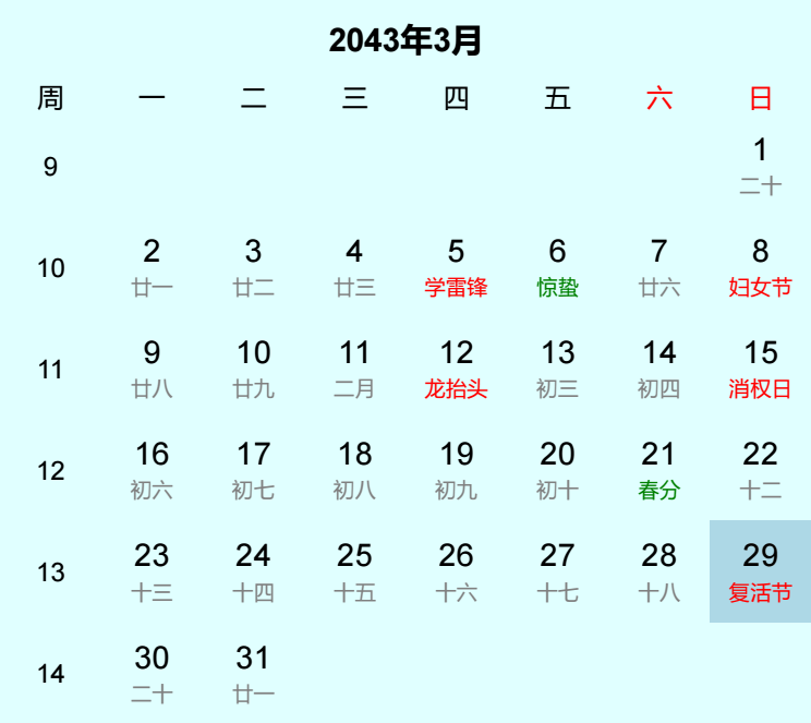 2043年复活节是几月几日