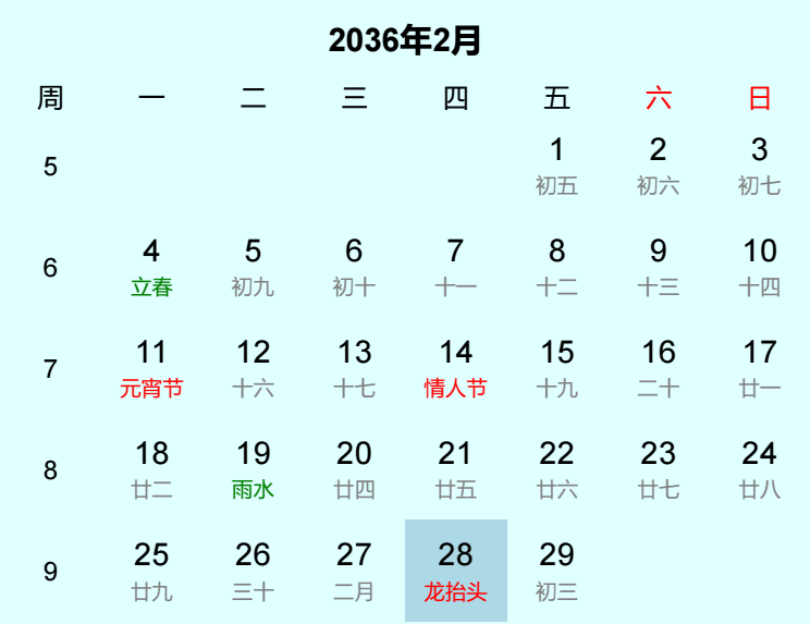 2036年龙抬头是几月几日