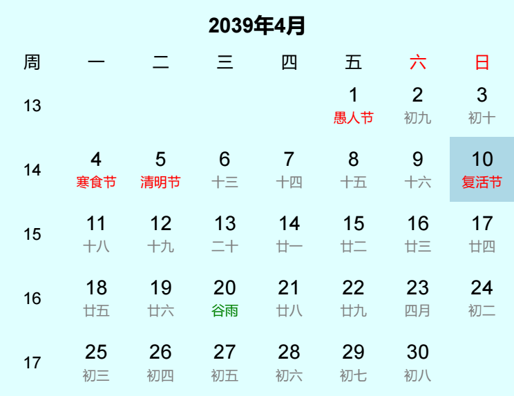 2039年复活节是几月几日