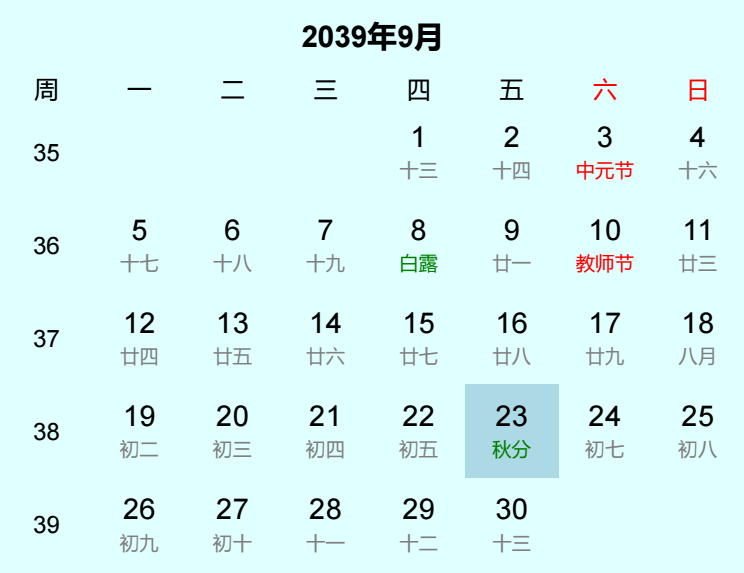 2039年秋分是几月几日
