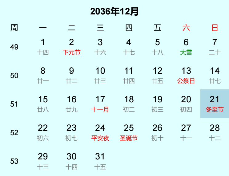 2036年冬至节是几月几日