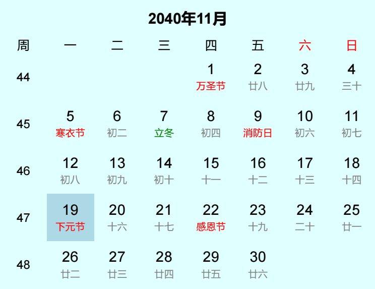 2040年下元节是几月几日