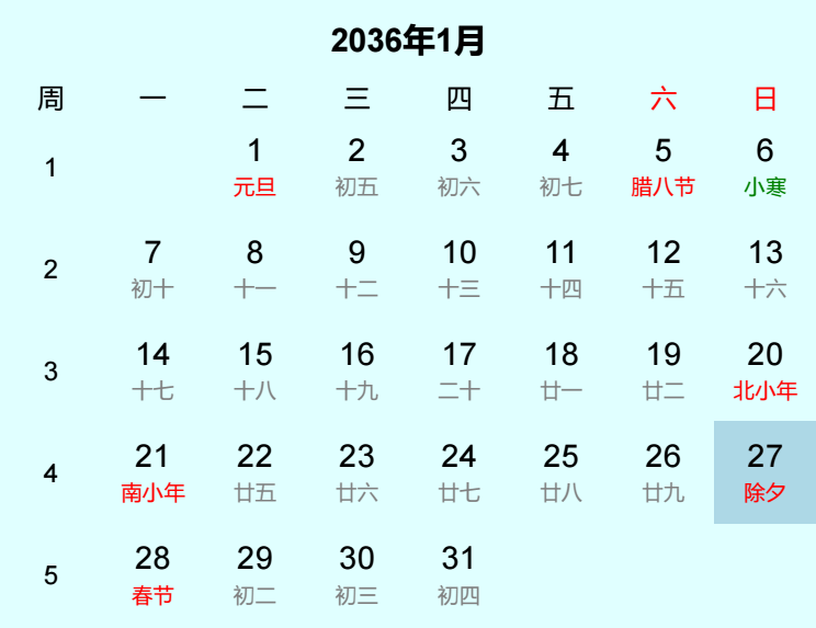 2036年除夕是几月几日