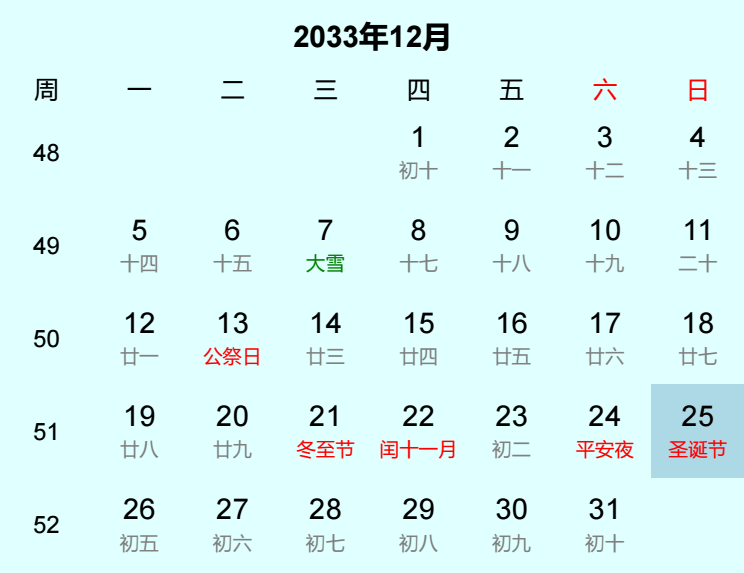 2033年圣诞节是几月几日