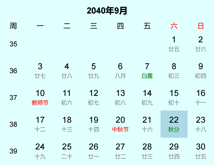 2040年秋分是几月几日