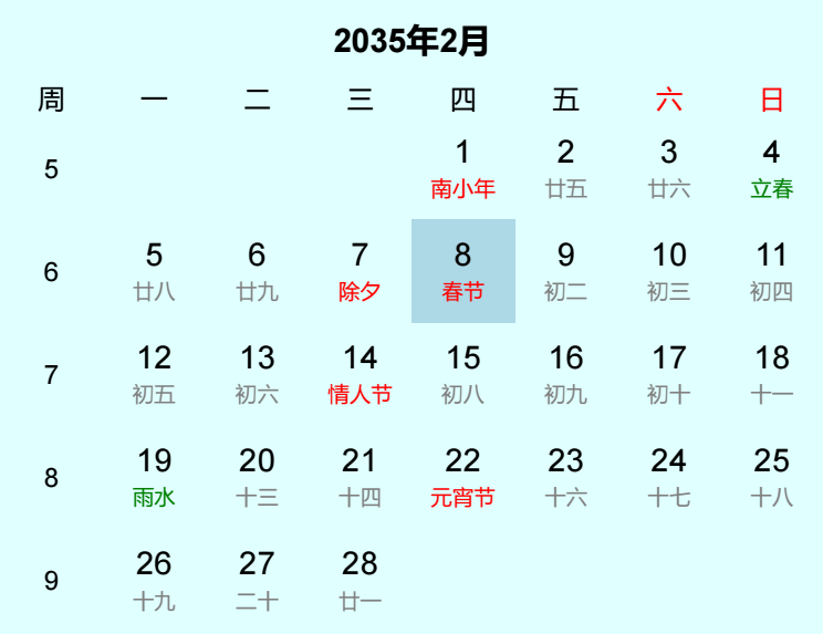 2035年春节是几月几日