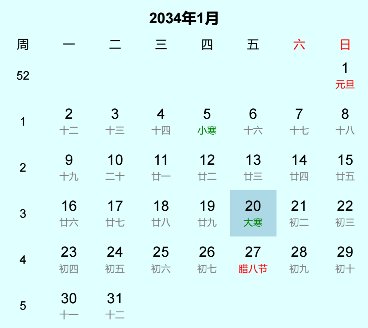 2034年大寒是几月几日