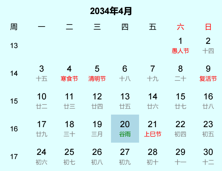 2034年谷雨是几月几日