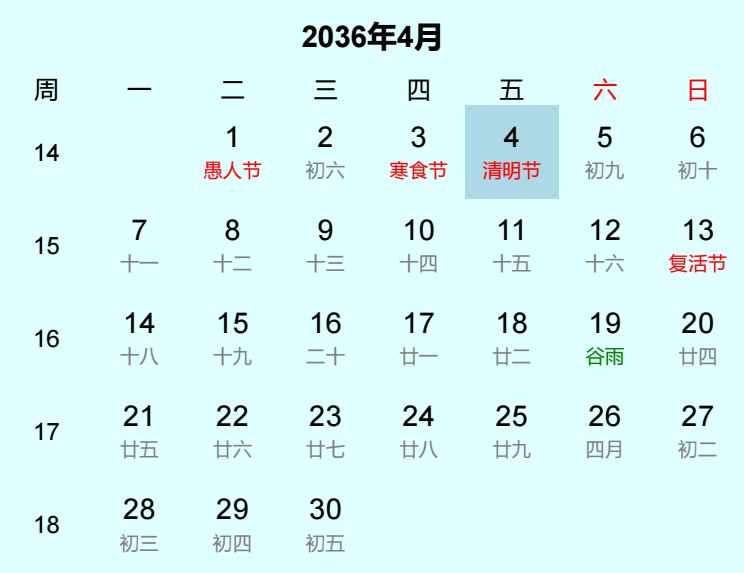 2036年清明节是几月几日