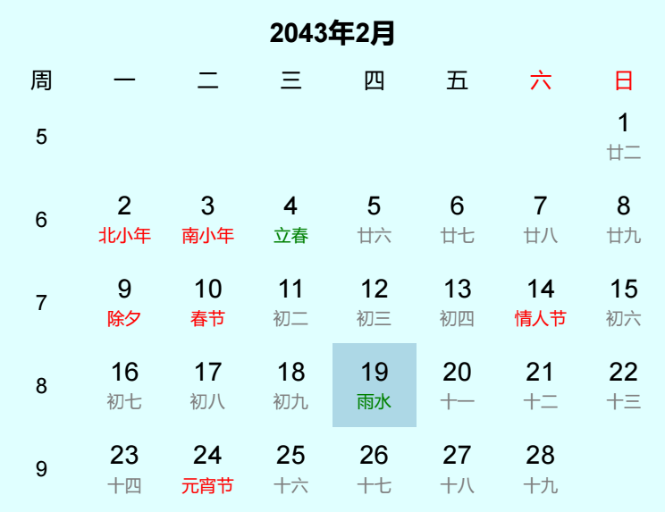 2043年雨水是几月几日