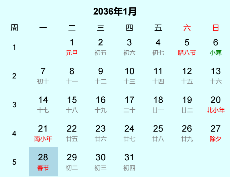 2036年春节是几月几日