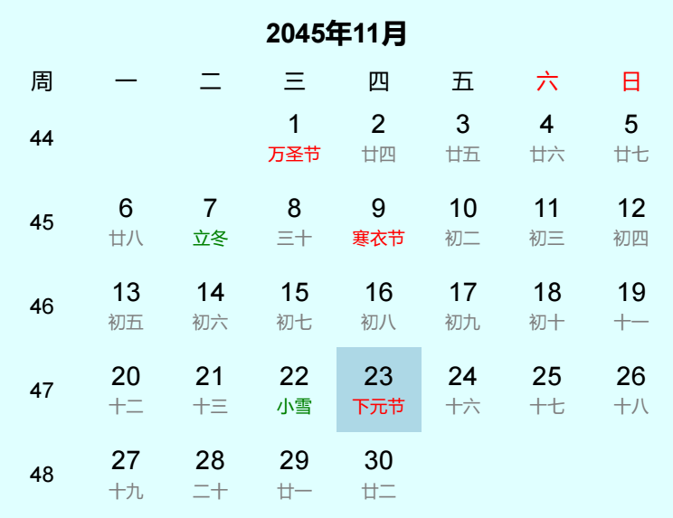 2045年下元节是几月几日