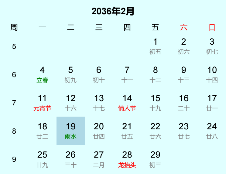 2036年雨水是几月几日