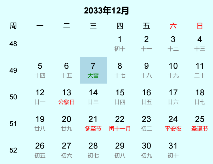 2033年大雪是几月几日