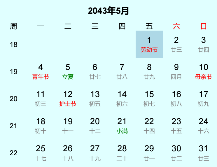 2043年劳动节是几月几日