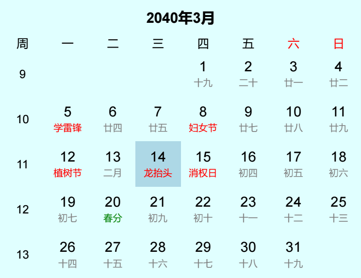2040年龙抬头是几月几日