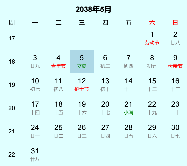 2038年立夏是几月几日