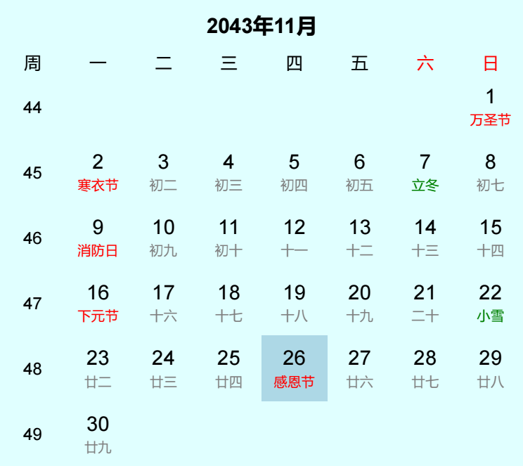 2043年感恩节是几月几日