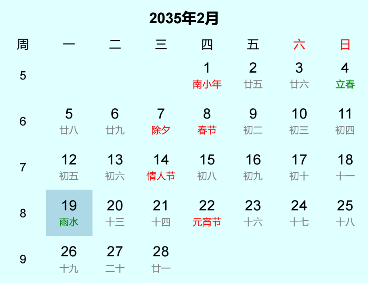 2035年雨水是几月几日