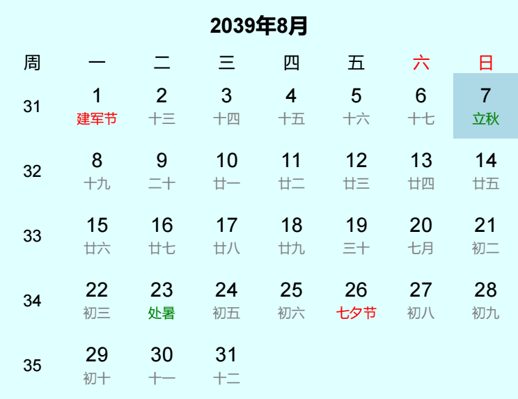 2039年立秋是几月几日