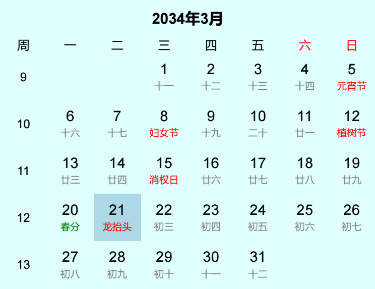 2034年龙抬头是几月几日