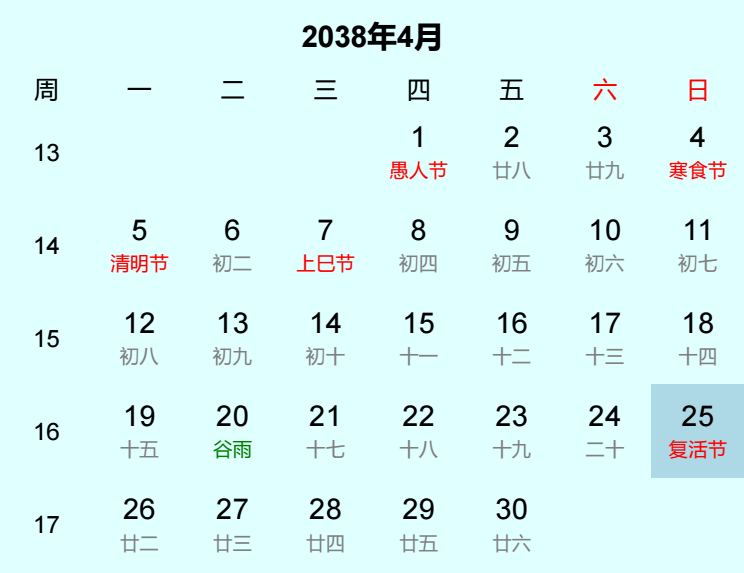 2038年复活节是几月几日
