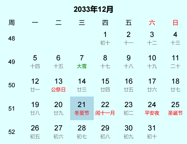 2033年冬至节是几月几日