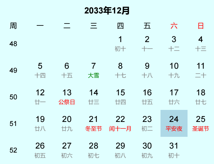 2033年平安夜是几月几日