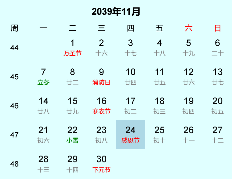 2039年感恩节是几月几日