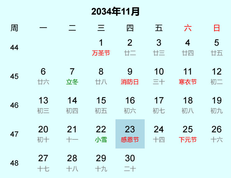 2034年感恩节是几月几日