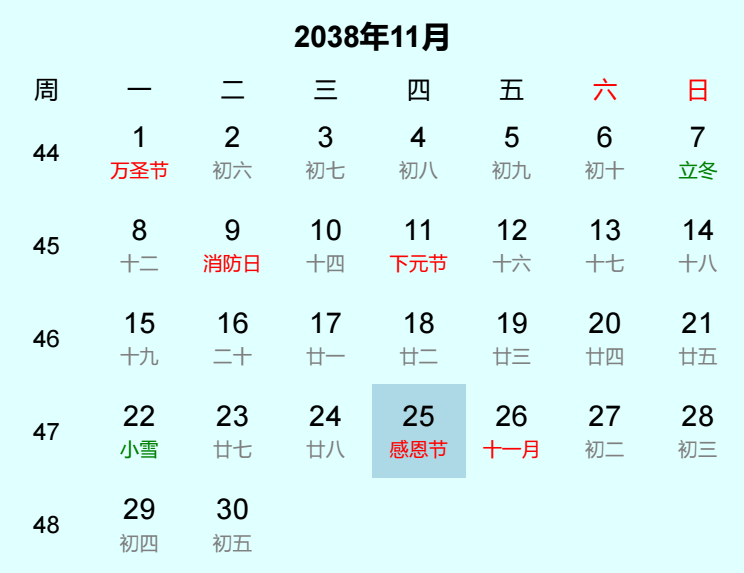 2038年感恩节是几月几日