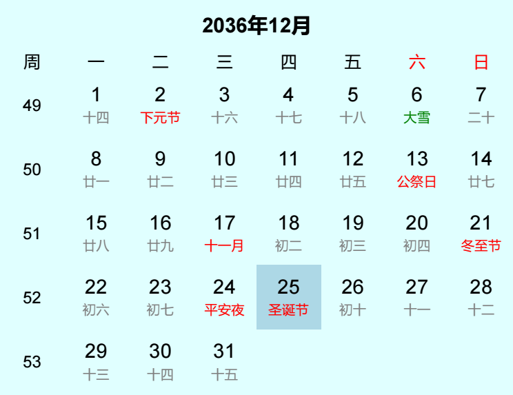 2036年圣诞节是几月几日